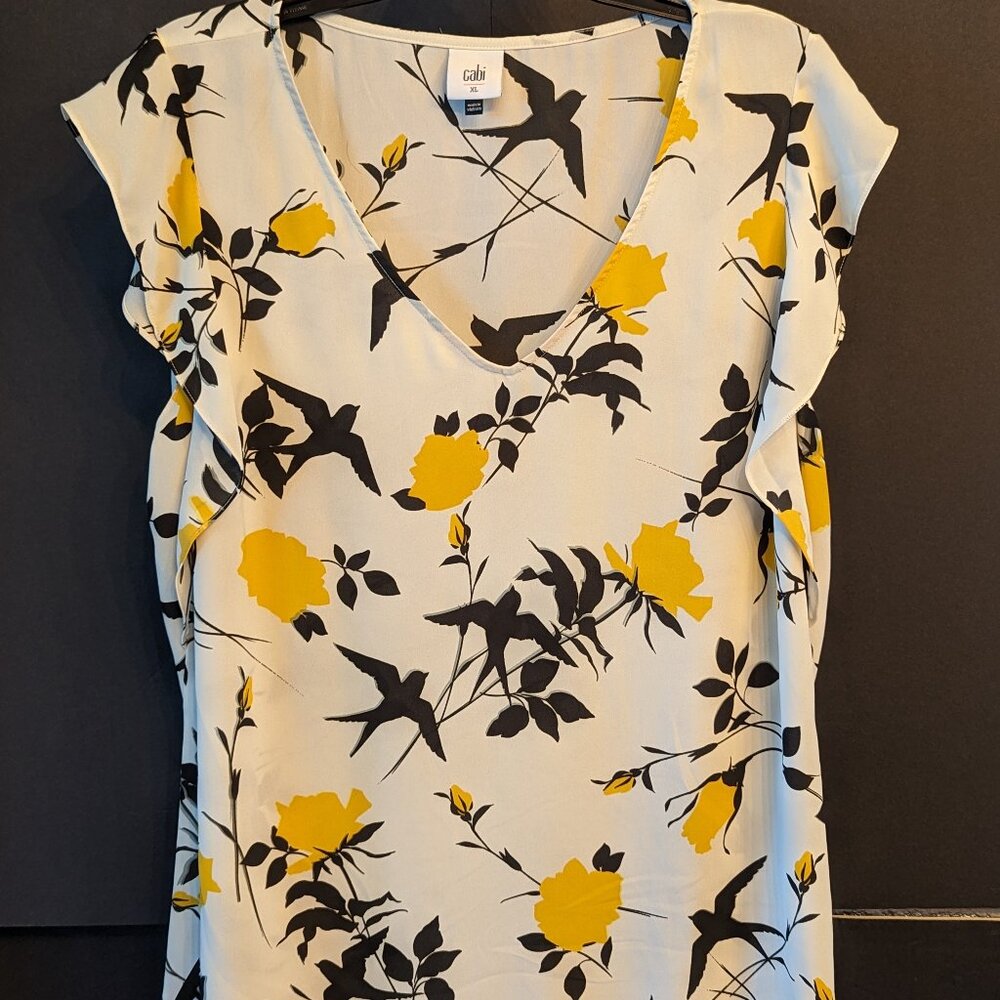 Cabi #3963 Birdwatcher Yellow Gold Floral Flutter Sleeveless Tank Top Blouse XL